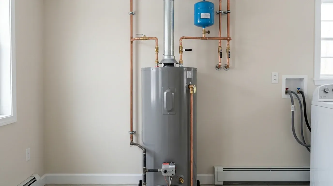 Water Heater Installation near me - Professional plumbing replacement on a residential water heater tank with thermal expansion piping